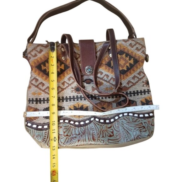Myra Bag Boho Southwestern Canvas & Leather Tote Bag With Patterned Design - Picture 2 of 4